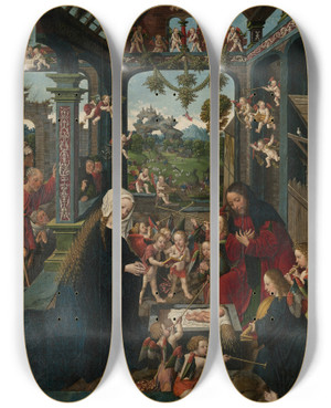 Triptych art skateboard deck of Workshop Of Jacob Cornelisz Van Oostsanen The Adoration Of The Christ Child by Workshop of Jacob Cornelisz. van Oostsanen (1470-1533)