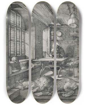 Triptych art skateboard deck of Albrecht Drer Saint Jerome In His Study by Albrecht Durer (1471-1528)