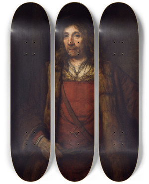Triptych art skateboard deck of Rembrandt Van Rijn Man In A Furlined Coat by Rembrandt Van Rijn (1606-1669)