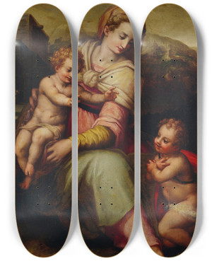 Triptych art skateboard deck of Giovanni Battista Naldini Madonna And Child With The Infant Saint John The Baptist by Giovanni Battista Naldini (1535-1591)