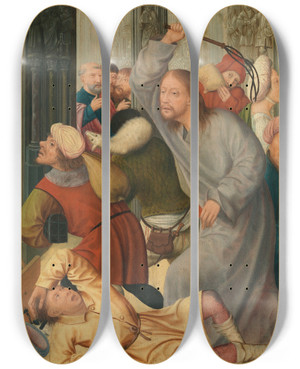 Triptych art skateboard deck of Quentin Massys Christ Driving The Moneychangers From The Temple by Quentin Massys (1466-1530)