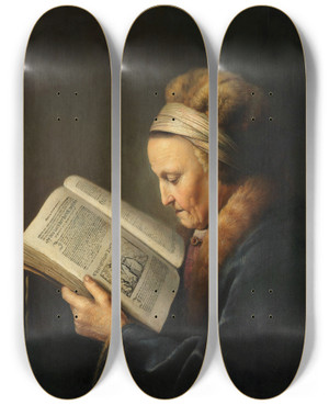 Triptych art skateboard deck of Gerrit Dou Old Woman Reading by Gerrit Dou (1613-1675) Triptych art skateboard deck of Gerrit Dou Old Woman Reading by Gerrit Dou (1613-1675)