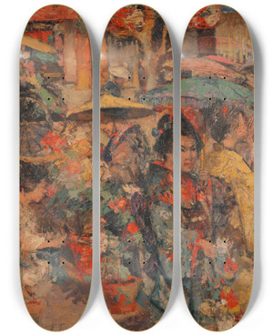 Triptych art skateboard deck of Edward Atkinson Hornel Flower Market Nagasaki by Edward Atkinson Hornel (1864-1933)