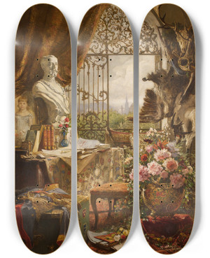 Triptych art skateboard deck of Hugo Charlemont Stillleben Mit Bste Des Kronprinzen Rudolf by Hugo Charlemont (1850-1939)