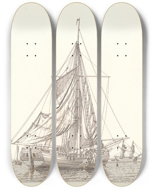 Triptych art skateboard deck of Christoffer Wilhelm Eckersberg En Dansk Jagt Som Trrer Sejl I Stille Vejr by Christoffer Wilhelm Eckersberg (1783-1853)