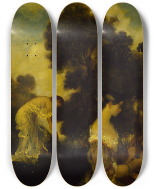 Triptych art skateboard deck of Arthur Bowen Davies Evensong by Arthur Bowen Davies (1862-1928)