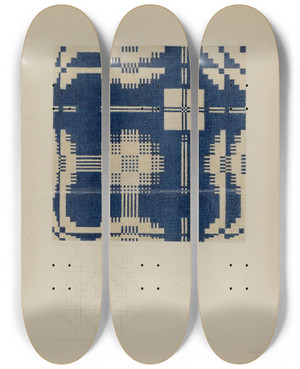 Triptych art skateboard deck of Julie C Brush Handspun Bedspread by Julie C Brush