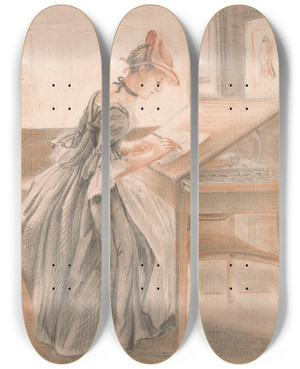 Triptych art skateboard deck of Paul Sandby A Lady Copying At A Drawing Table by Paul Sandby (1731-1809)