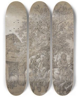 Triptych art skateboard deck of Paulus Potter Vor Einer Htte Halten Zwei Reiter by Paulus Potter (1625-1654)