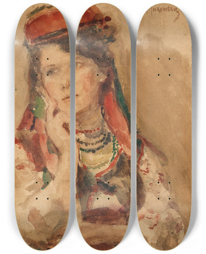 Triptych art skateboard deck of Konstantin Egorovich Makovsky Portrait Of A Young Lady In Traditional Costume by Konstantin Egorovich Makovsky (1839-1915)