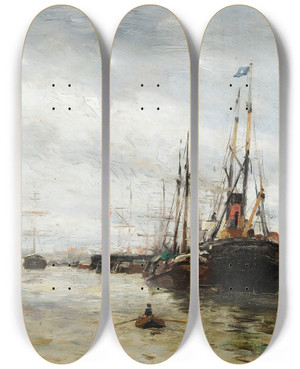 Triptych art skateboard deck of Edmondmarie Petitjean Boats At The Harbor by Edmond Marie Petitjean (1844-1925)