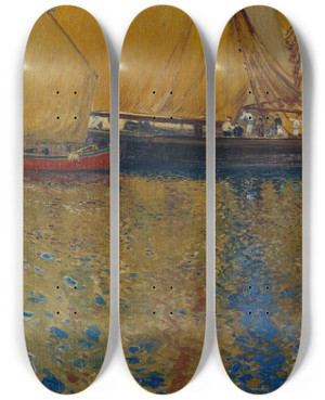 Triptych art skateboard deck of Hans Wilt Morgenstimmung Im Hafen Von Lussin by Hans Wilt (1867-1917)