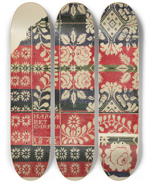 Triptych art skateboard deck of Eva Wilson Coverlet_5 by Eva Wilson