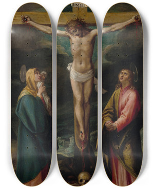Triptych art skateboard deck of Francesco Vanni La Crucifixion by Francesco Vanni (1563-1610)
