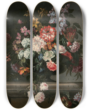 Triptych art skateboard deck of Jeanbaptiste Monnoyer Vase De Fleurs Et Fruits Sur Un Entablement by Jean-Baptiste Monnoyer (1636-1699)