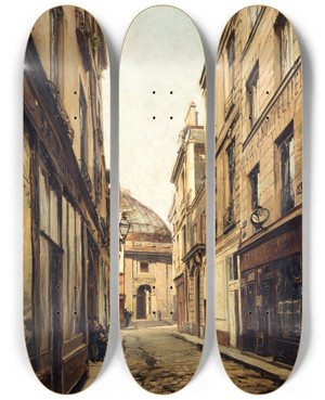 Triptych art skateboard deck of Emmanuel Lansyer La Rue Sauval by Emmanuel Lansyer (1835-1893)