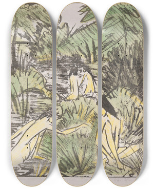 Triptych art skateboard deck of Otto Mueller Waldsee Mit Drei Badenden Und Einem Sitzenden Mdchen 2_2 by Otto Mueller (1874-1930)
