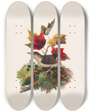 Triptych art skateboard deck of Louis Prang Bird With Autumn Leaves by Louis Prang (1824-1909)
