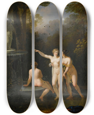 Triptych art skateboard deck of Jacques Antoine Vallin Nymphs Bathing by Jacques Antoine Vallin (1760-1835)