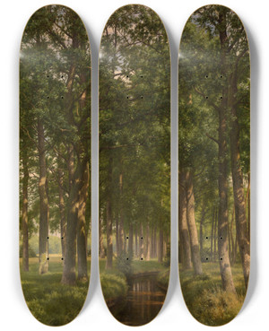 Triptych art skateboard deck of Alfred Elsen Wood Bathing In Sunshine by Alfred Elsen