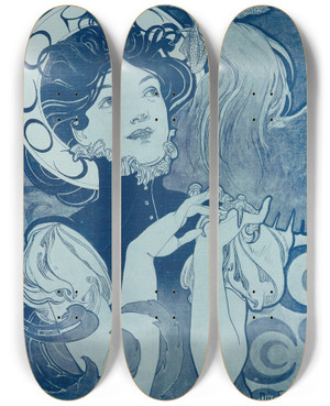 Triptych art skateboard deck of Alphonse Mucha Cocorico by Alphonse Mucha (1860-1939)