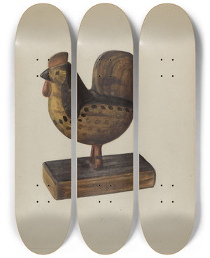 Triptych art skateboard deck of Mina Lowry Pa German Toy Rooster by Mina Lowry (1894-1942)