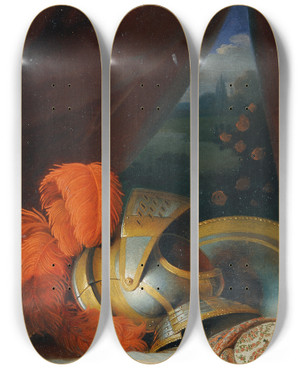 Triptych art skateboard deck of Johann Peter Krafft Helmet And Round Shield Possibly Detailed Study Of Chlorindens Baptism by Johann Peter Krafft (1780-1856)