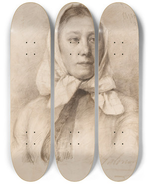 Triptych art skateboard deck of Pekka Halonen Girl In A Scarf by Pekka Halonen (1865-1933)