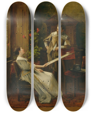 Triptych art skateboard deck of Mihly Munkcsy Flirt La Broderie by Mihaly Munkacsy (1844-1900)