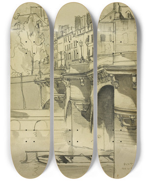 Triptych art skateboard deck of Donald Shaw Maclaughlan View Of The Pont Neuf by Donald Shaw Maclaughlan (1876-1938)