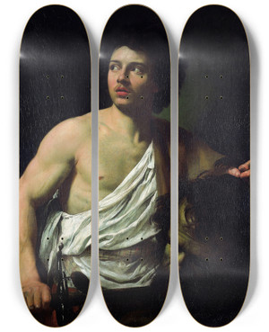 Triptych art skateboard deck of Simon Vouet David With The Head Of Goliath by Simon Vouet (1590-1649)