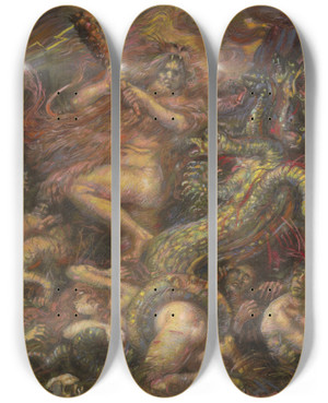 Triptych art skateboard deck of Henri De Groux The Battle Of Hercules And The Hydra by Henri de Groux (1867-1930)