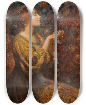 Triptych art skateboard deck of Thomas Edwin Mostyn Jewels by Thomas Edwin Mostyn (1864-1930)