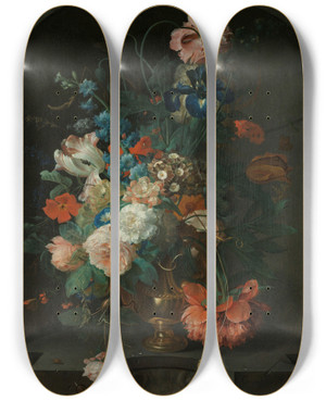 Triptych art skateboard deck of Coenraet Roepel Still Life With Flowers by Coenraet Roepel (1678-1748)