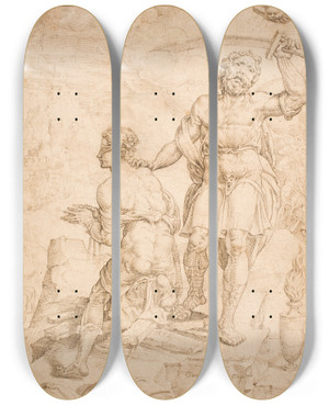 Triptych art skateboard deck of Maarten Van Heemskerck Abrahams Offer by Maarten Van Heemskerck (1498-1574)
