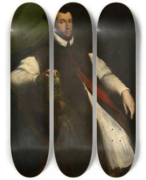 Triptych art skateboard deck of Girolamo Da Carpi Portrait Of A Prelate by Girolamo Da Carpi (1501-1556)