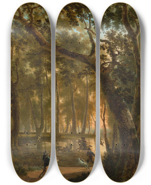 Triptych art skateboard deck of Jan Hackaert Deer Hunt In A Forest by Jan Hackaert (1629-1700)
