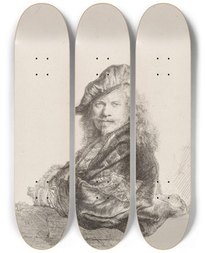 Triptych art skateboard deck of Rembrandt Van Rijn Selfportrait Leaning On A Stone Sill_1 by Rembrandt Van Rijn (1606-1669)