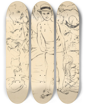 Triptych art skateboard deck of Lovis Corinth Boy Wearing Bathingtrunks And Straw Hat Knabe Mit Badehose Und Strohhut by Lovis Corinth (1858-1925)
