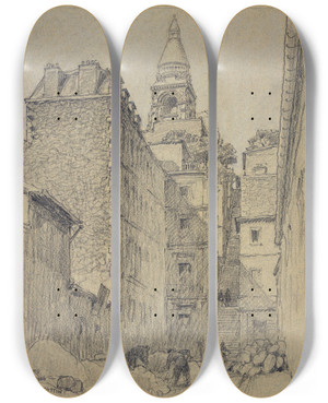 Triptych art skateboard deck of Ferdinand Boberg Le Passage Cottin by Ferdinand Boberg (1860-1946)