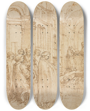 Triptych art skateboard deck of Filippo Lippi The Funeral Of Saint Stephen by Filippo Lippi (1406-1469)