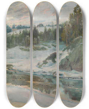 Triptych art skateboard deck of Jrgen Srensen Winterlandscape With River by Jorgen Sorensen (1861-1894)