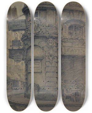 Triptych art skateboard deck of Ferdinand Boberg La Rue Saintdenis Et La Rue Greneta by Ferdinand Boberg (1860-1946)