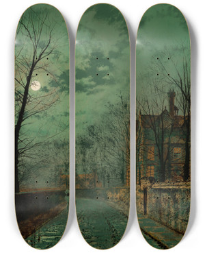 Triptych art skateboard deck of John Atkinson Grimshaw A Lane Near Chester by John Atkinson Grimshaw (1836-1893)