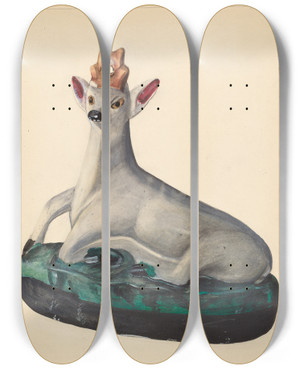 Triptych art skateboard deck of Mina Lowry Deer Figurine_1 by Mina Lowry (1894-1942)