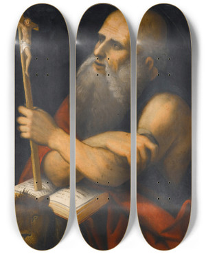 Triptych art skateboard deck of Milanese School Saint Jerome In His Study by Milanese School