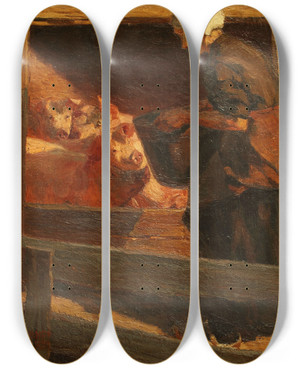 Triptych art skateboard deck of Fernando Fader La Comida De Los Cerdos by Fernando Fader (1882-1935)