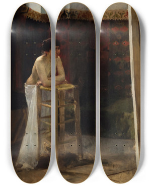 Triptych art skateboard deck of Oscar Bjrck Female Model In A Studio by Oscar Bjorck (1860-1929)