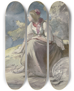 Triptych art skateboard deck of Jakob Becker Bauernmdchen Nach Links Auf Einer Rasenbank Sitzend_1 by Jakob Becker (1810-1872)