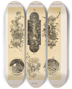 Triptych art skateboard deck of Albert Ilg Allegorien Und Embleme Vol I Pl121 by Albert Ilg (1847-1896)